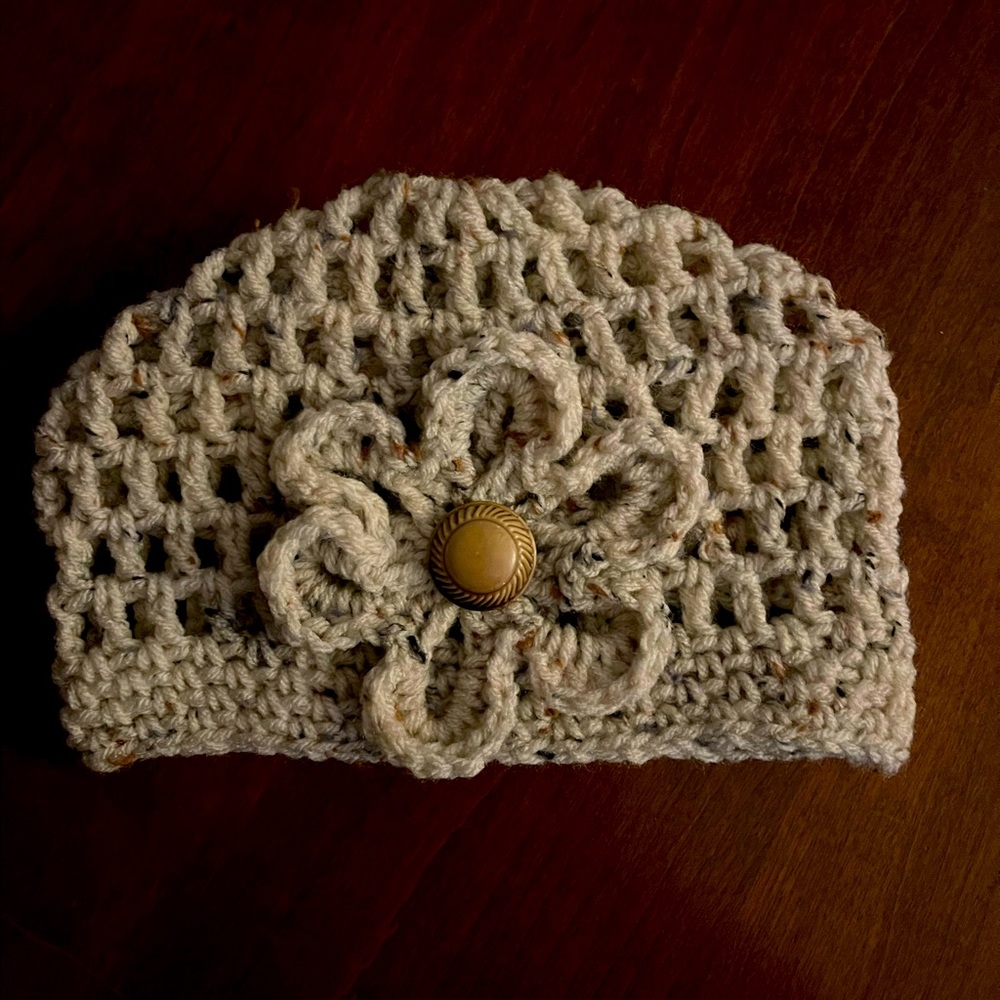 Hand crocheted cloche hat in tan